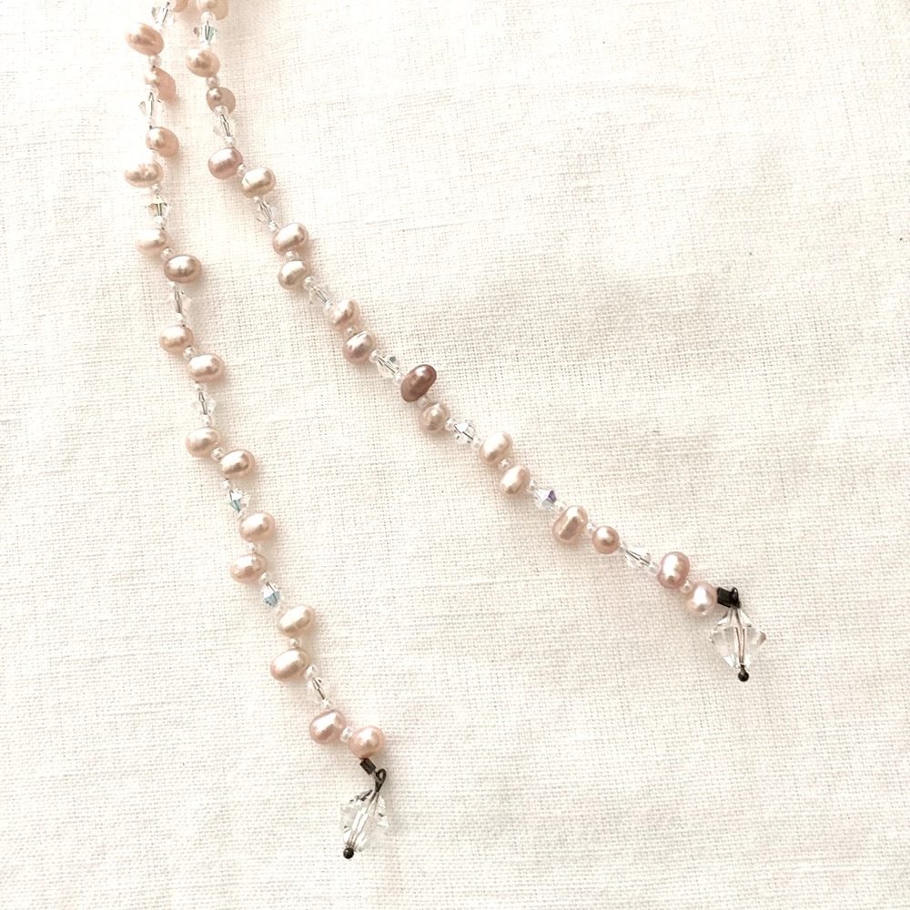 PINK PEARL LARIAT & CRYSTAL NECKLACE 42” - Picture 4 of 6